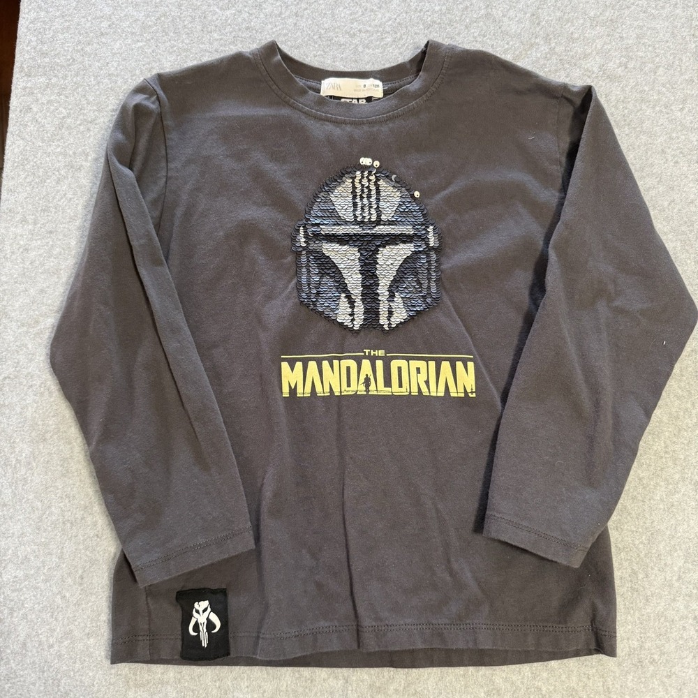 Zara Star Wars Mandalorian Sequin Helmet Long Sleeve Tee Kids 8 Gray